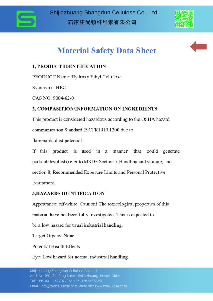 HEC MSDS by shangdun cellulose